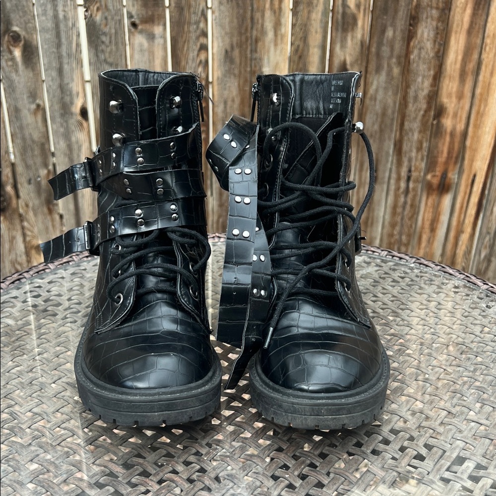 Madden Girl Black Faux-Croc Combat Boots with Studded Straps